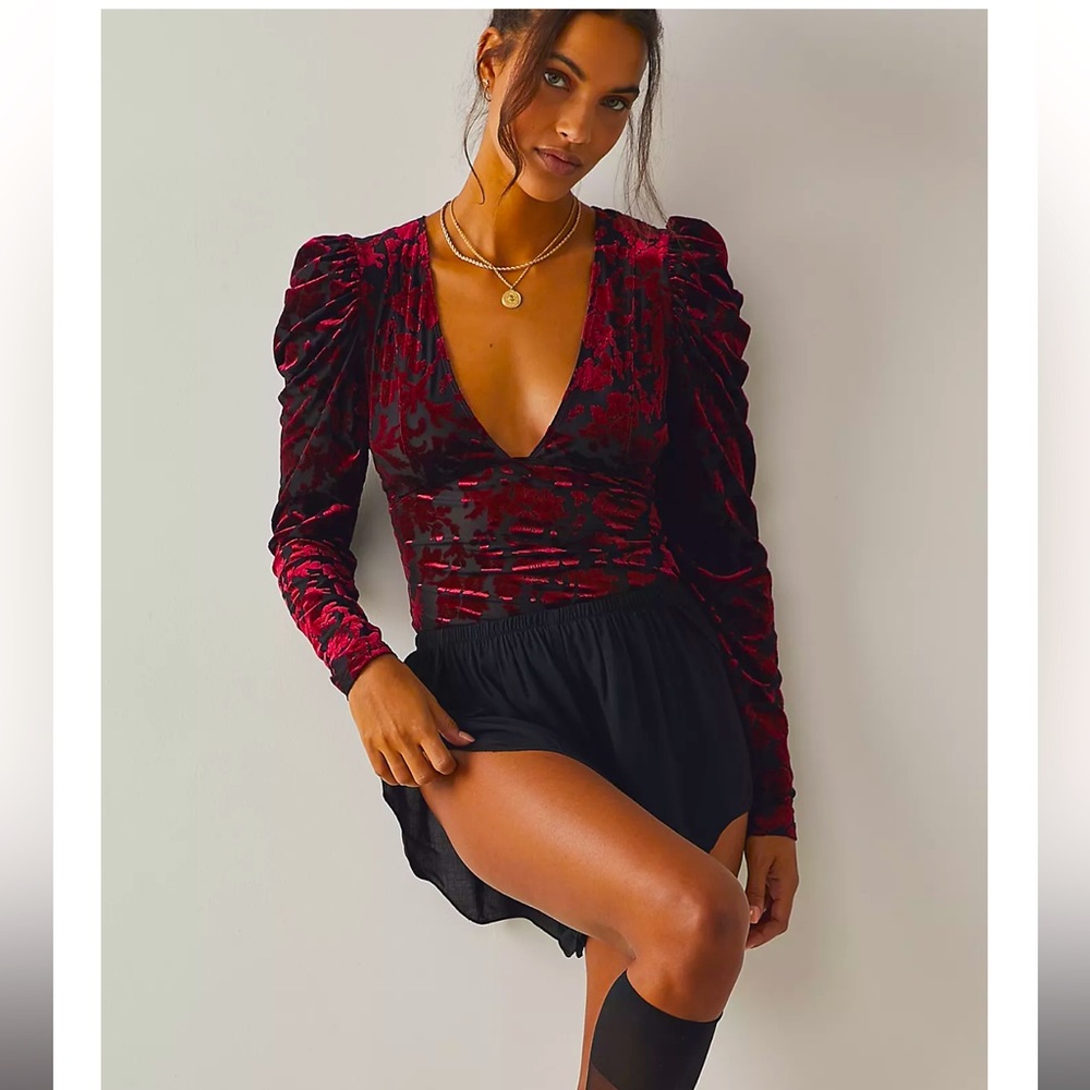 Free People Red and Black Velvet Bodysuit